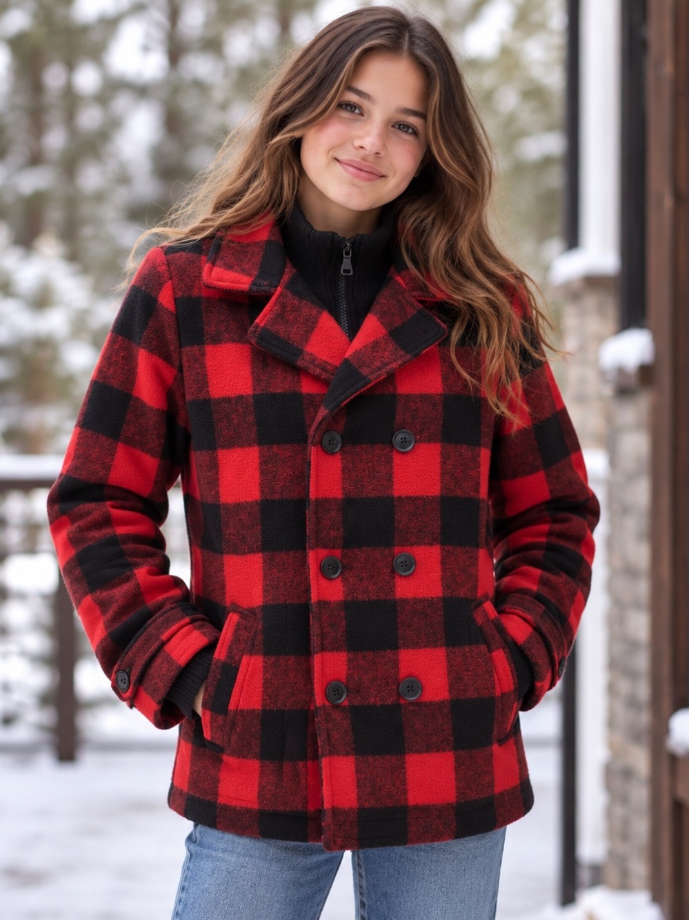 Westbound Red & Black Buffalo Plaid Peacoat Youth XL 16/18